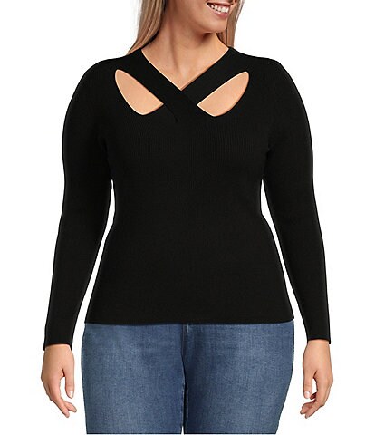 MICHAEL Michael Kors Plus Size Fine Gauge Criss Cross V-Neck Long Sleeve Cut-Out Detail Sweater