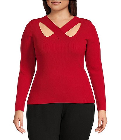 MICHAEL Michael Kors Plus Size Fine Gauge Criss Cross V-Neck Long Sleeve Cut-Out Detail Sweater