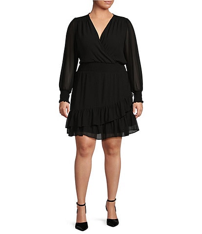 MICHAEL Michael Kors Plus Size Georgette V-Neck Long Sleeve Faux Wrap Dress