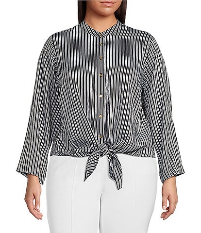 MICHAEL Michael Kors Plus Size Halo Pinstripe Woven Banded Collar Long Flare Sleeve Front-Tie Hem Top