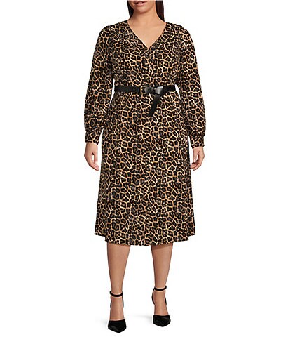 MICHAEL Michael Kors Plus Size Kate Cheetah Print Pebble Crepe V-Neck Long Sleeve Belted A-Line Dress