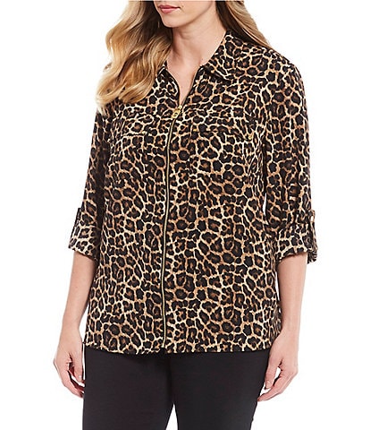 MICHAEL Michael Kors Plus Size Leopard Print Pebble Crepe Point Collar Roll-Tab Long Sleeve Zip Front Top