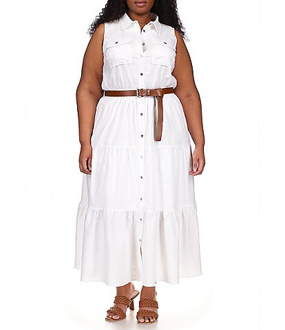 MICHAEL Michael Kors Plus Size Linen Slub Point Collar Sleeveless Belted Tiered Hem Button Front Dress