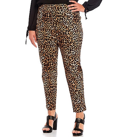 MICHAEL Michael Kors Plus Size Mega Cheetah Print Classic Stretch Twill Slit Hem Ankle Pants