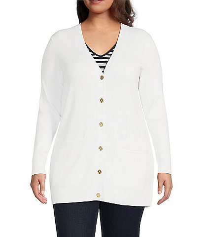 MICHAEL Michael Kors Plus Size Ribbed Knit V-Neck Long Sleeve Fitted Button Front Cardigan