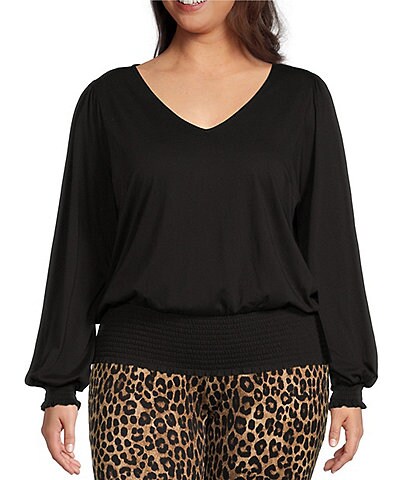 MICHAEL Michael Kors Plus Size Solid Knit Jersey V-Neck Long Sleeve Smocked Waist Top