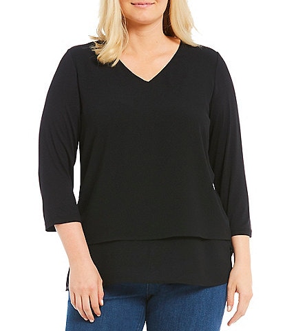 MICHAEL Michael Kors Plus Size Solid V-Neck 3/4 Sleeve Multi Layer Woven Top