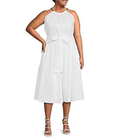 MICHAEL Michael Kors Plus Size Woven Halter Chain Neck Sleeveless Belted A-Line Dress