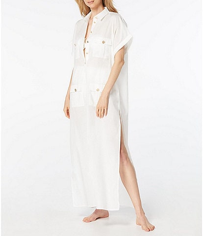 MICHAEL Michael Kors Point Collar Short Sleeves Chest Flap Pocket High Slit Cargo Cover-Up Maxi Dress