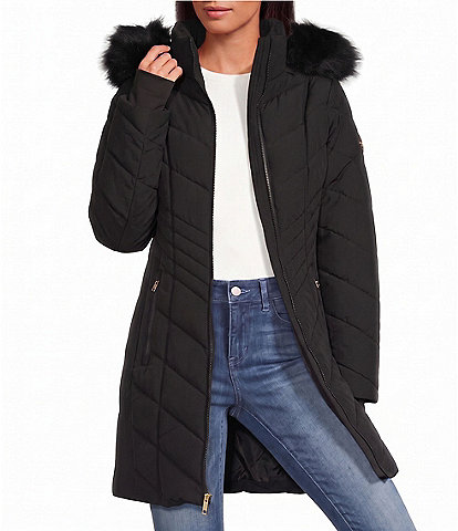 MICHAEL Michael Kors Quilted Faux Fur Stand Collar Removable Hood Zip Front Puffer