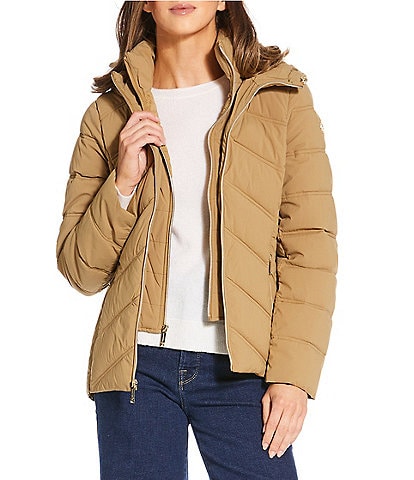 MICHAEL Michael Kors Quilted Stand Collar Hooded Water Resistant Zip Front Down Puffer Jacket