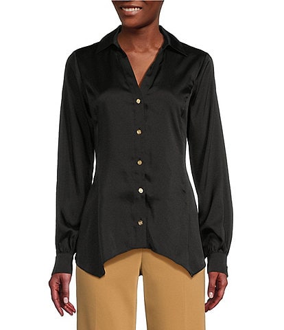MICHAEL Michael Kors Satin Woven Point Collar Long Sleeve Button-Front Shirt