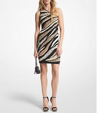 MICHAEL Michael Kors Sleeveless Asymmetric Neck Tiger Stripe Metallic Jacquard Dress
