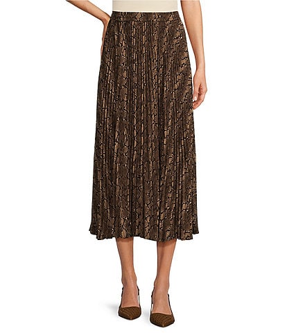 MICHAEL Michael Kors Snake Print Belted Pleated Midi A-Line Skirt