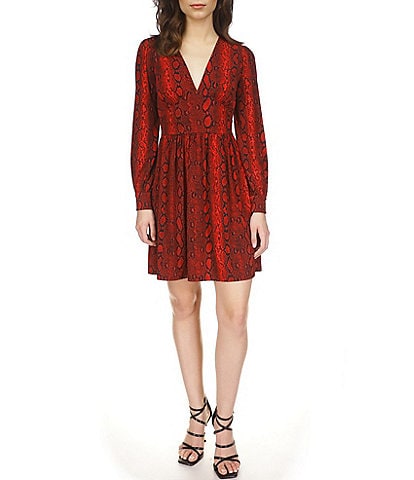 MICHAEL Michael Kors Snake Print Matte Jersey V-Neck Long Sleeve A-Line Dress