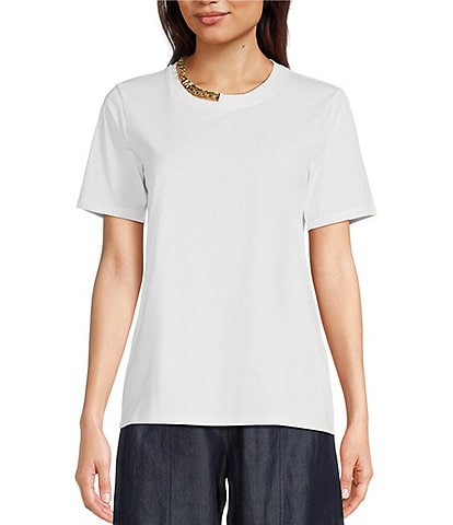 MICHAEL Michael Kors Solid Jersey Knit Chain Detail Crew Neck Short Sleeve Relaxed Fit Tee