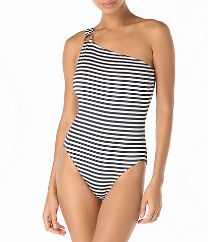 MICHAEL Michael Kors St. Tropez Stripe One Shoulder Moderate Coverage One Piece Swimsuit