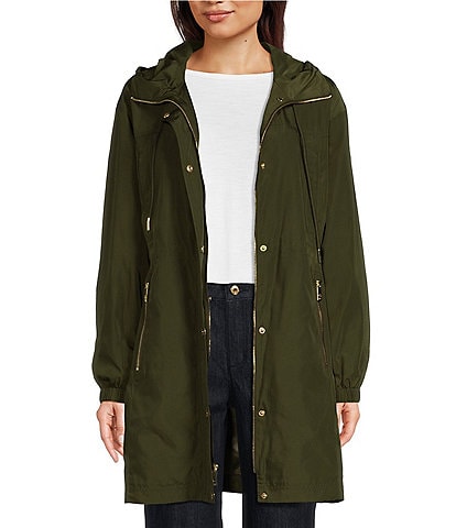 MICHAEL Michael Kors Stand Collar Hooded Elastic Bungee Cord Waist Rain Coat