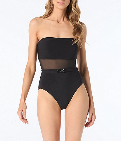 MICHAEL Michael Kors Strapless Mesh Inset Belted Bandeau One Piece Swimsuit