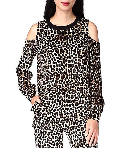 MICHAEL Michael Kors Stretch Velour Cheetah Print Crew Neck Long Cold Shoulder Sleeve Top