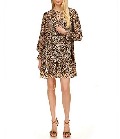 MICHAEL Michael Kors Tenty Cheetah Print Tie Split Round Neck Long Bell Sleeve Ruffle Flounce Hem Waistless Shift Dress