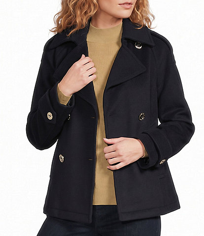 MICHAEL Michael Kors Wool Blend Notch Collar Button Front Double Breasted Peacoat