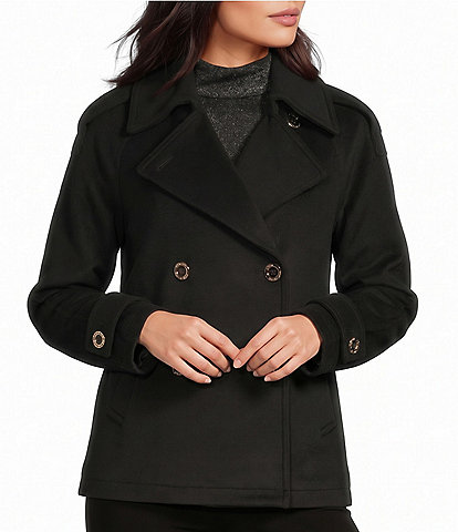 MICHAEL Michael Kors Wool Blend Notch Collar Button Front Double Breasted Peacoat
