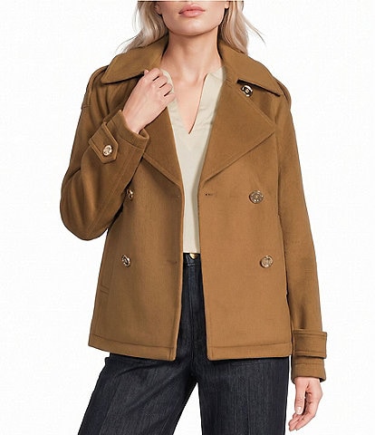 MICHAEL Michael Kors Wool Blend Notch Collar Button Front Double Breasted Peacoat