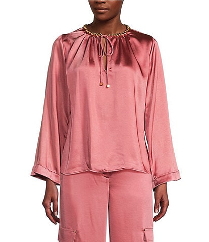 MICHAEL Michael Kors Woven Crinkle Satin Chain Keyhole Neck Long Bell Sleeve Coordinating Top