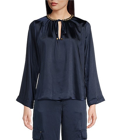 MICHAEL Michael Kors Woven Crinkle Satin Chain Keyhole Neck Long Bell Sleeve Coordinating Top