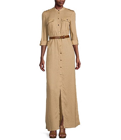 MICHAEL Michael Kors Woven Linen 3/4 Roll-Tab Sleeve Banded Collar Snap Front Side Slit Belted Maxi Shirt Dress