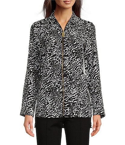 MICHAEL Michael Kors Woven Ocelot Dogtag Inverted Graphic Collared Long Sleeve Top