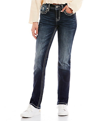 Mid Rise Stitched Flap Pocket Straight Jeans