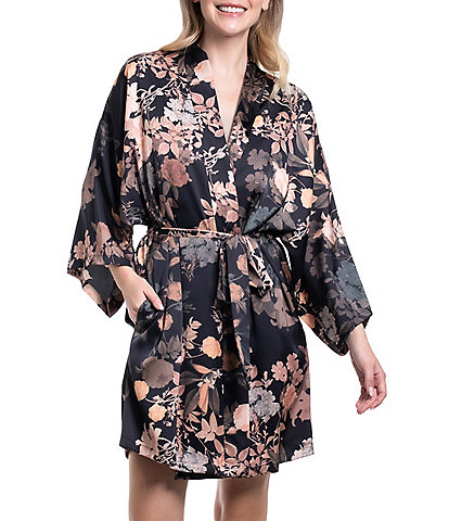Midnight Bakery Floral Print 3/4 Sleeve Stretch Satin Short Robe