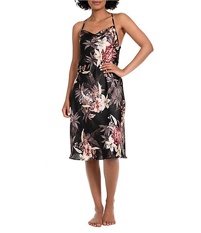 Midnight Bakery Floral Shimmer Satin Cowl Neck Midi Chemise