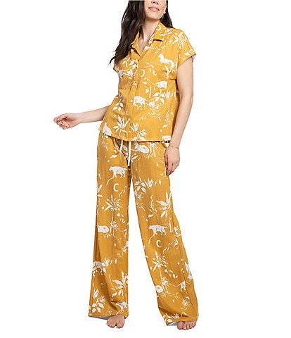 Midnight Bakery Jungle Print Short Sleeve Notch Collar Woven Pajama Set
