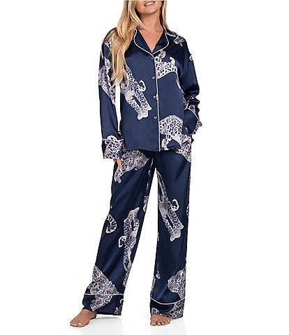 Midnight Bakery Long Sleeve Notch Collar Satin Cheetah Print Pajama Set