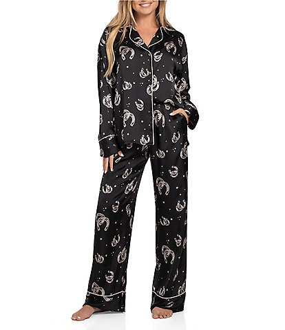 Midnight Bakery Long Sleeve Notch Collar Satin Horseshoe Print Pajama Set