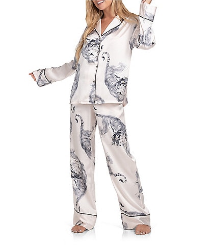 Midnight Bakery Long Sleeve Notch Collar Satin Tiger Print Pajama Set