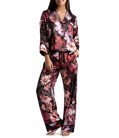 Midnight Bakery Satin Brushstroke Floral Print 3/4 Sleeve Notch Collar Full Length Pajama Set