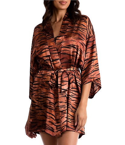 Midnight Bakery Satin Tiger Print 3/4 Sleeve Coordinating Short Wrap Robe