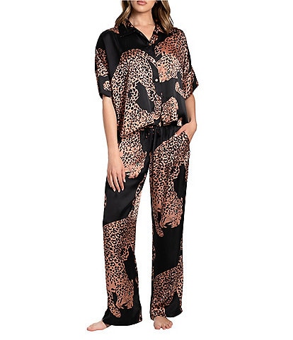 Midnight Bakery Short Sleeve Notch Collar Satin Leopard Print Pajama Set