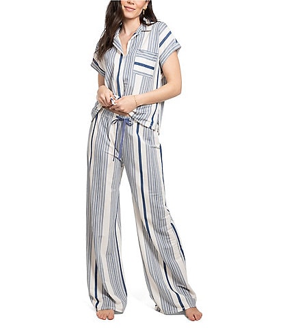 Midnight Bakery Stripe Print Short Sleeve Notch Collar Woven Pajama Set