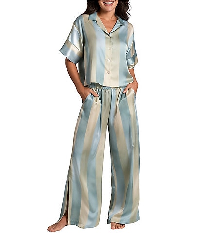 Midnight Bakery Striped Short Sleeve Notch Collar Satin Shirt & Palazzo Pant Pajama Set