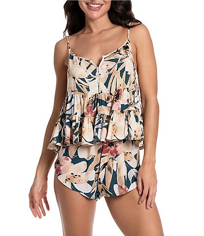Midnight Bakery Tropical Floral Print Sleeveless Round Neck Tiered Woven Shorty Pajama Set