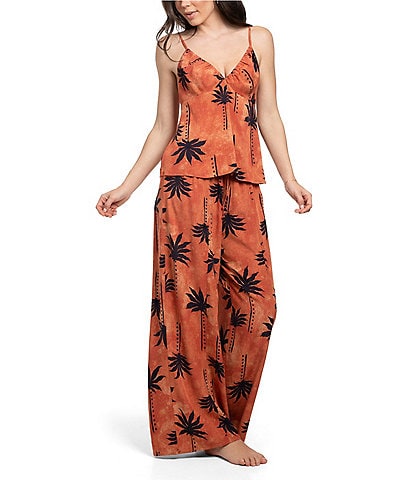 Midnight Bakery Woven Palm Tree Tropical Sleeveless V-Neck Cami & Pant Pajama Set