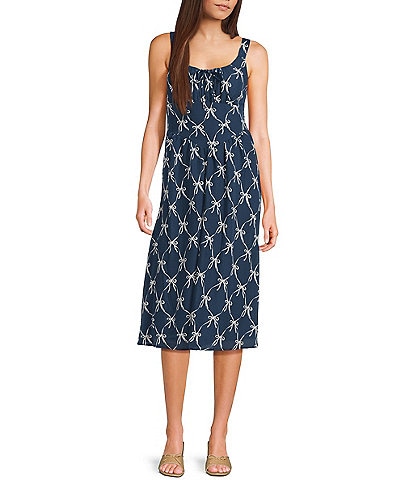 Midnight Doll Bow Print Pleated Midi Dress