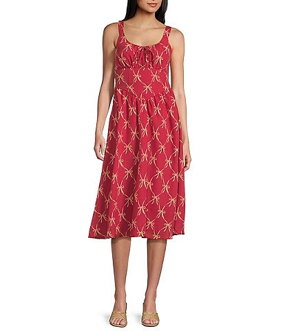 Midnight Doll Bow Print Pleated Midi Dress
