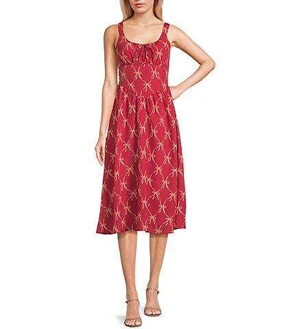 Midnight Doll Bow Print Pleated Midi Dress