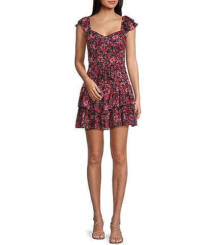 Midnight Doll Chiffon Floral Print Flutter Sleeve Sweetheart Neck Drop Waist Dress
